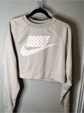 Nike Women’s Cream Cropped Sweatshirt with White and Orange Polka Dot Swoosh